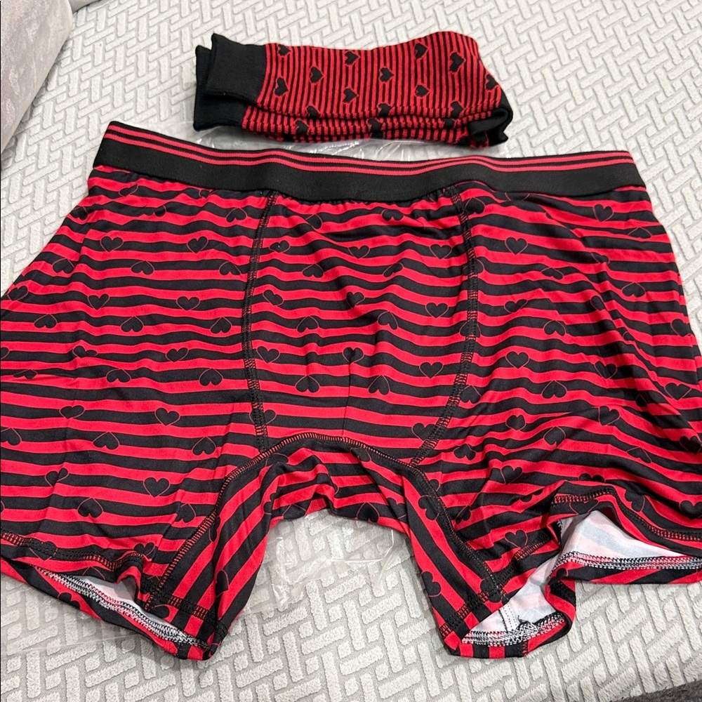 WITH LOVE HANDCRAFTED HEART Red and Black Striped Men's Boxer and Socks Set L